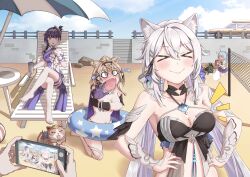 Rule 34 | &gt; &lt;, 1boy, 4girls, = =, absurdres, ahoge, animal, animal ears, ball, beach, beachball, black gloves, black horns, blue hair, blush, braid, breasts, bucket, can (honkai impact), cat, cat ears, cat girl, chinese commentary, cleavage, closed mouth, collarbone, crossed legs, cup, drinking straw, gloves, green hair, griseo, griseo (starry impression), hand on own hip, highres, holding, holding bucket, holding cup, holding phone, honkai (series), honkai impact 3rd, horns, kiana kaslana, kiana kaslana (herrscher of finality), kneeling, kosma, large breasts, light brown hair, long hair, looking at another, medium breasts, medium hair, multiple girls, no nose, o o, official alternate costume, on floor, open mouth, outdoors, pardofelis (honkai impact), phone, raiden mei, raiden mei (herrscher of origin), ryouya (ryoya), sand, short hair, single bare leg, sitting, smile, standing, sweatdrop, taking picture, theft, unworn clothes, upper body, volleyball net, white hair