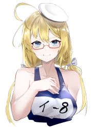 Rule 34 | 1girl, absurdres, blonde hair, blue eyes, breasts, eyebrows, glasses, hair between eyes, hand on own chest, hat, highres, i-8 (kancolle), kantai collection, large breasts, looking at viewer, low twintails, name tag, one-piece swimsuit, peaked cap, red-framed eyewear, sailor hat, school swimsuit, semi-rimless eyewear, solo, sui (sui27shika), swimsuit, tri tails, twintails, under-rim eyewear, upper body