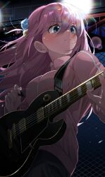Rule 34 | 1girl, absurdres, blue eyes, bocchi the rock!, breasts, cube hair ornament, electric guitar, gibson les paul, gotoh hitori, guitar, hair ornament, highres, holding, holding instrument, instrument, jacket, large breasts, long hair, long sleeves, looking to the side, music, one side up, pink hair, pink jacket, pink track suit, playing instrument, plectrum, tearing up, tears, track jacket, uparupya