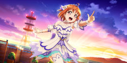 Rule 34 | 1girl, artist name, artist request, bare shoulders, blue sky, blush, breasts, brightest melody, cloud, collarbone, dress, earrings, female focus, flower, hair flower, hair ornament, highres, jewelry, looking at viewer, love live!, love live! school idol festival, love live! sunshine!!, orange hair, orange sky, outdoors, parted lips, pointing, pointing at viewer, red eyes, ribbon, short hair, sky, small breasts, smile, solo, takami chika, tiara, white detached collar, white dress, white flower, white legwear, white ribbon