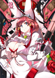 Rule 34 | 1girl, ahoge, blue eyes, bracelet, breasts, cleavage, clenched hand, clover, elphelt valentine, flower, four-leaf clover, guilty gear, guilty gear xrd, gun, hairband, huge ahoge, jewelry, large breasts, makai, ms. travailler, red hair, rose, short hair, shotgun, smile, solo, spiked bracelet, spikes, weapon