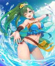 Rule 34 | 1girl, bare shoulders, belt, bikini, blue bikini, blue sky, blush, breasts, cleavage, cloud, commentary request, day, earrings, fire emblem, fire emblem: the blazing blade, fire emblem heroes, flower, green eyes, green hair, hair flower, hair ornament, highres, jewelry, kokouno oyazi, lips, long hair, lyn (fire emblem), lyn (summer) (fire emblem), medium breasts, navel, necklace, nintendo, official alternate costume, one eye closed, open mouth, outdoors, outstretched arms, ponytail, shiny skin, side-tie bikini bottom, simple background, sky, smile, solo, splashing, spread arms, stomach, strapless, strapless bikini, swimsuit, very long hair, wading, water, water drop