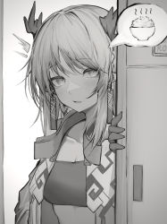 Rule 34 | 1girl, ^^^, absurdres, arknights, bowl, braid, breasts, cleavage, collarbone, dragon horns, earrings, english text, female focus, gloves, greyscale, highres, horns, jacket, jewelry, monochrome, nian (arknights), open clothes, open door, open jacket, open mouth, pointy ears, rice, rice bowl, simple background, solo, speech bubble, spoken food, strapless, tab head, tube top, upper body, walk-in, white background