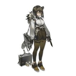Rule 34 | 1girl, animal ears, animal hands, arknights, azling, black gloves, black hair, black shorts, briefcase, brown footwear, cross tie, full body, gloves, holding, holding knife, holding weapon, knife, leggings, long hair, long sleeves, looking at viewer, official art, raccoon ears, raccoon tail, robin (arknights), shirt, shoes, shorts, solo, standing, tail, transparent background, weapon, white shirt, yellow eyes