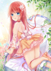 Rule 34 | 1girl, :d, absurdly long hair, armchair, bad id, bad pixiv id, blue eyes, blush, bow, chair, commentary request, dress, flower, hair between eyes, hair flower, hair ornament, high heels, kneeling, long hair, looking at viewer, looking to the side, open mouth, orange dress, orange footwear, original, pleated dress, red hair, see-through, see-through sleeves, shikino (sikinonono), shoe soles, shoes, short dress, smile, solo, transparent, very long hair, white bow, white flower, wide sleeves
