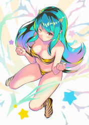 Rule 34 | 1girl, absurdres, aqua hair, bare shoulders, bikini, boots, breasts, cleavage, clenched hands, cone horns, electricity, electrokinesis, from above, full body, green hair, green nails, hands up, heart, highres, horns, itou kazuki, knee boots, long hair, looking at viewer, looking up, lum, nail polish, navel, one eye closed, oni, pointy ears, print bikini, puckered lips, red eyes, sidelocks, solo, star (symbol), swimsuit, tiger stripes, urusei yatsura, very long hair, white background, yellow bikini, yellow footwear