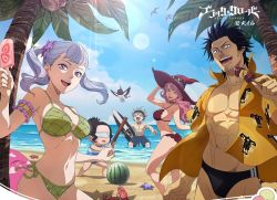 Rule 34 | asta (black clover), beach, bikini, black clover, black hair, braid, breasts, charmy pappitson, hat, highres, large breasts, long hair, looking at viewer, noelle silva, official art, pink hair, purple eyes, secre swallowtail, silver hair, swimsuit, twin braids, twintails, vanessa enoteca, witch hat, yami sukehiro
