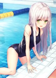 Rule 34 | 1girl, :d, absurdres, arm support, blue one-piece swimsuit, green eyes, hair between eyes, highres, indoors, long hair, looking at viewer, one-piece swimsuit, open mouth, original, pool, school swimsuit, silver hair, smile, solo, straight hair, swimsuit, tsuchikure, very long hair, wet