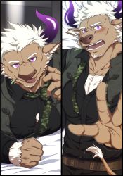 Rule 34 | 1boy, alternate costume, animal ears, bara, bed sheet, black pants, black shirt, black vest, blush, bursting pectorals, camouflage, camouflage neckwear, cow ears, cow horns, cow tail, embarrassed, facial hair, formal, furry, furry male, goatee, highres, horns, large pectorals, long sleeves, looking at viewer, lying, pectoral cleavage, male focus, minotaur, mint, multiple views, muscular, necktie, unworn necktie, no headwear, on back, on bed, on stomach, open clothes, open vest, pants, partially unbuttoned, pectorals, purple eyes, purple horns, seductive smile, shennong (housamo), shirt, short hair, smile, tail, tokyo houkago summoners, tongue, tongue out, undressing, upper body, vest, white hair, yanai inaya