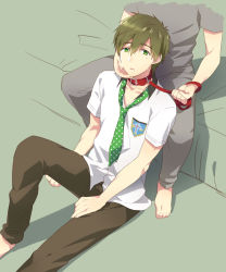 Rule 34 | 10s, 2boys, barefoot, brown hair, collar, free!, green eyes, hand on another&#039;s face, leash, male focus, mo (nmnme), multiple boys, necktie, sitting, tachibana makoto, yaoi