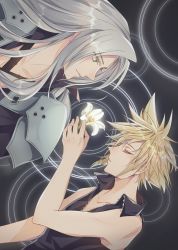 Rule 34 | 2boys, aqua eyes, armor, bare legs, beicorainvii, black jacket, black shirt, blonde hair, chest strap, closed eyes, cloud strife, final fantasy, final fantasy vii, final fantasy vii advent children, flower, food, glowing flower, grey hair, hair between eyes, high collar, highres, holding, holding food, jacket, lily (flower), long bangs, long hair, looking at another, multiple boys, open collar, parted bangs, ripples, sephiroth, shirt, short hair, shoulder armor, sleeveless, sleeveless shirt, spiked hair, upper body, yaoi