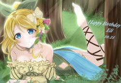 Rule 34 | 1girl, 8107ka, alternate hairstyle, animal print, artist request, asakawa (8107ka), ayase eli, bare legs, bare shoulders, blonde hair, blue eyes, blush, bow, breasts, brown ribbon, butterfly hair ornament, butterfly print, cleavage, collarbone, cross-laced clothes, cross-laced dress, dress, feet, female focus, flower, frilled dress, frills, green bow, green dress, hair between eyes, hair bobbles, hair bow, hair flower, hair ornament, highres, long hair, looking at viewer, love live!, love live! school idol festival, love live! school idol festival all stars, love live! school idol project, medium breasts, parted lips, ponytail, puffy short sleeves, puffy sleeves, ribbon, ribbon-trimmed legwear, ribbon trim, short sleeves, solo