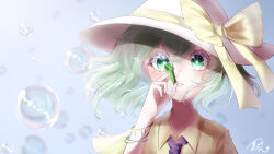 Rule 34 | 1girl, 72mikan 1687, absurdres, adapted costume, blowing bubbles, blush, bow, bracelet, bright pupils, close-up, collared shirt, commentary request, eyelashes, green eyes, green hair, hair between eyes, hand up, hat, hat bow, highres, jewelry, komeiji koishi, light blue background, looking at viewer, medium hair, parted lips, shirt, signature, simple background, soap bubbles, solo, touhou, wavy hair, white hat, white pupils, wide-eyed, yellow bow, yellow shirt