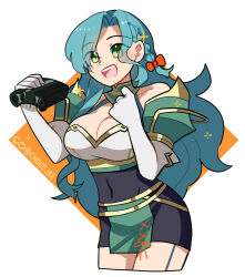 Rule 34 | 1girl, :d, aqua hair, armor, binoculars, bow, braid, breastplate, breasts, chloe (fire emblem), chocojax, cleavage, commentary, covered navel, cropped legs, elbow gloves, fire emblem, fire emblem engage, gloves, green eyes, hair bow, hands up, highres, holding, holding binoculars, large breasts, long hair, nintendo, open mouth, orange bow, shoulder armor, simple background, smile, solo, standing, thighs, very long hair, white background, white gloves
