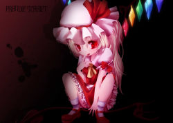 Rule 34 | 1girl, akira b, blonde hair, bow, dark, finger to mouth, flandre scarlet, hat, hat bow, laevatein, mary janes, red eyes, shoes, side ponytail, solo, squatting, tongue, tongue out, touhou, wings