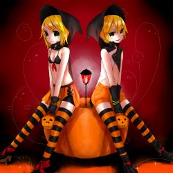 Rule 34 | 1boy, 1girl, akira ry0, bikini, bikini top only, blonde hair, brother and sister, gloves, halloween, hat, highres, jack-o&#039;-lantern, kagamine len, kagamine rin, miniskirt, orange skirt, pleated skirt, pointy ears, pumpkin, short hair, siblings, skirt, striped clothes, striped thighhighs, swimsuit, thighhighs, twins, vocaloid, witch hat, yellow eyes, zettai ryouiki