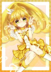 Rule 34 | 10s, 1girl, bike shorts, bike shorts under skirt, blonde hair, boots, bow, bowtie, brooch, choker, cure peace, double v, dress, frown, full body, hair flaps, jewelry, kise yayoi, long hair, magical girl, precure, ruki (rokiru), shorts, shorts under skirt, sitting, skirt, smile precure!, solo, v, wide ponytail, wrist cuffs, yellow bow, yellow bowtie, yellow dress, yellow eyes, yellow shorts, yellow skirt, yellow theme