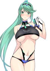 Rule 34 | 1girl, absurdres, armlet, bare shoulders, bikini, black bikini, black gloves, blush, breasts, breasts apart, character name, cowboy shot, earrings, embarrassed, frown, gloves, green eyes, green hair, hairband, halcon, half gloves, highres, horns, jewelry, large breasts, layered bikini, long hair, looking at viewer, matching hair/eyes, navel, nintendo, partially fingerless gloves, pneuma (xenoblade), ponytail, simple background, single horn, solo, spoilers, swept bangs, swimsuit, underboob, very long hair, white background, xenoblade chronicles (series), xenoblade chronicles 2