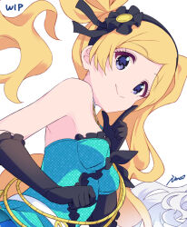 Rule 34 | 1girl, armpits, artist name, bare shoulders, black gloves, black hairband, blonde hair, breasts, closed mouth, dot nose, dress, elbow gloves, emily stewart, eyelashes, flower, frilled dress, frills, gloves, hair flower, hair ornament, hair ribbon, hairband, idolmaster, idolmaster million live!, idolmaster million live! theater days, ima (lm ew), light smile, long hair, off shoulder, official alternate costume, parted bangs, pointing, pointing up, purple eyes, ribbon, sidelocks, simple background, sleeveless, small breasts, solo, twintails, unfinished, upper body, wavy hair, white background