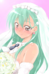 Rule 34 | 10s, 1girl, aqua hair, bare shoulders, blush, bouquet, breasts, bridal veil, bride, dress, earrings, elbow gloves, flower, gloves, hair ornament, hairclip, heart, heart-shaped lock, heart earrings, jewelry, kantai collection, long hair, looking at viewer, mikagami sou, personification, smile, solo, suzuya (kancolle), veil, wedding dress