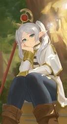 Rule 34 | 1girl, absurdres, black pantyhose, boots, brown footwear, capelet, drop earrings, earrings, forest, frieren, green eyes, hand on own face, highres, jewelry, long hair, long sleeves, looking at viewer, nature, pantyhose, parted bangs, pointy ears, shirt, sitting, solo, sousou no frieren, staff, striped clothes, striped shirt, suitcase, tan (hnax2223), tree, twintails, white capelet, white hair
