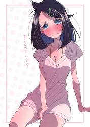 1girl black_hair blue_eyes blush breasts closed_mouth creatures_(company) eyelashes fujiwara_hiro_(kaede_ciao) game_freak hair_ornament hairclip highres jewelry liko_(pokemon) nintendo pendant pokemon pokemon_(anime) pokemon_horizons shirt sitting t-shirt white_shirt