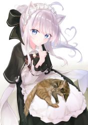 Rule 34 | 1girl, absurdres, ahoge, alternate costume, alternate hairstyle, animal, animal ears, animal on lap, apron, bell, blue eyes, bow, capelet, cat, cat ears, cat girl, cat on lap, collared dress, commentary request, dress, elaina (majo no tabitabi), enmaided, finger to mouth, hair bow, heart, heart hair, highres, jingle bell, kemonomimi mode, long hair, long sleeves, looking at viewer, maid, maid apron, maid headdress, majo no tabitabi, minau37, on lap, ponytail, ribbon trim, signature, sitting, sleeping, smile, solo, waist apron, white hair