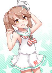 Rule 34 | 1girl, :d, anchor necklace, arm up, bad id, bad twitter id, bare arms, bare shoulders, blush, brown eyes, brown hair, character name, collarbone, cosplay, cowboy shot, diagonal-striped clothes, diagonal-striped neckerchief, diagonal-striped neckwear, dress, fang, fingernails, gradient background, hair between eyes, hand up, hat, highres, jewelry, kantai collection, kirigakure (kirigakure tantei jimusho), long hair, looking at viewer, maestrale (kancolle), maestrale (kancolle) (cosplay), mini hat, neckerchief, necklace, open mouth, pleated dress, ribbon, ryuujou (kancolle), sailor collar, sailor dress, sleeveless, sleeveless dress, smile, solo, star (symbol), starry background, striped background, striped clothes, striped neckerchief, striped neckwear, twintails, white background, white dress, white ribbon, white sailor collar