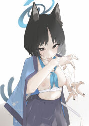 Rule 34 | absurdres, animal ear fluff, animal ears, black eyes, black hair, black nails, blue archive, blue kimono, blue neckerchief, blue skirt, breasts, bright pupils, cat ears, cat girl, commentary request, cum, cum on hands, diksiuw, facial, halo, highres, japanese clothes, kikyou (blue archive), kimono, kimono on shoulders, licking self, looking at viewer, medium breasts, nail polish, neckerchief, nipples, parted bangs, pleated skirt, sarashi, short hair, skirt, split tail, tongue, tongue out, topless, upper body, white pupils