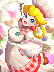 Rule 34 | absurdres, blonde hair, blue eyes, breasts, chef, chef hat, gonzarez, hat, highres, large breasts, mario (series), nintendo, official alternate costume, patissiere peach, princess peach, princess peach: showtime!