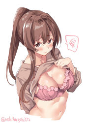 Rule 34 | 1girl, alternate costume, arm behind back, blush, bra, breasts, brown hair, brown shirt, casual, closed mouth, collarbone, contemporary, ebifurya, hair between eyes, high ponytail, highres, kantai collection, large breasts, lifting own clothes, long hair, long sleeves, looking at viewer, midriff, pink bra, ponytail, shirt, sidelocks, simple background, solo, spoken squiggle, squiggle, twitter username, underwear, upper body, very long hair, white background, yamato (kancolle)
