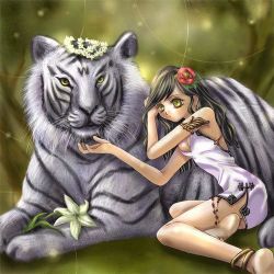 Rule 34 | 1girl, chinese clothes, female focus, flower, lowres, original, tiger, white tiger
