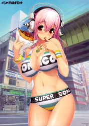 Rule 34 | 1girl, absurdres, bad id, bad yandere id, bare shoulders, bikini, blush, bracelet, breasts, cameltoe, cleavage, clothes writing, day, eating, finger to mouth, food, groin, headphones, highres, holding, jewelry, large breasts, long hair, looking at viewer, navel, necklace, nitroplus, pita, real world location, red eyes, road, shop, sideboob, sky, solo, street, super sonico, sweat, swimsuit, tokyo (city), tsuji santa