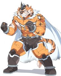 Rule 34 | 1boy, animal ears, bara, beige fur, blood, blood from mouth, bodysuit, brown gloves, bruise, bulge, cape, clenched teeth, covered abs, facial hair, full body, furry, furry male, gloves, goatee, highres, injury, large pectorals, live a hero, male focus, muscular, navel, nipples, orange bodysuit, orange eyes, orange fur, pectorals, ruizu (takakisan503), ryekie (live a hero), short hair, skin tight, solo, tail, teeth, tiger boy, tiger ears, tiger tail, torn bodysuit, torn clothes, two-tone fur, white background, white cape