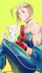 Rule 34 | 1girl, bare shoulders, blonde hair, blue eyes, breasts, cammy white, cat, fingerless gloves, gloves, highres, large breasts, muscular, muscular female, pants, panzer (pnzrk), scar, scar on face, short hair, sitting, sleeveless, street fighter, street fighter 6, white cat