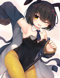 Rule 34 | 1boy, absurdres, animal ears, arm up, between thighs, black hair, black leotard, blue coat, blue necktie, blush, coat, collar, covered navel, detached collar, fake animal ears, fake tail, fang, hair ornament, hairpin, highres, holding, holding shovel, leotard, looking at viewer, male focus, male playboy bunny, mashiro meme, mkr nk, nail polish, navel, necktie, nijisanji, one eye closed, open clothes, open coat, open mouth, pantyhose, playboy bunny, rabbit ears, rabbit tail, red nails, short hair, shovel, sleeves past fingers, sleeves past wrists, smile, solo, tail, trap, virtual youtuber, white collar, yellow eyes, yellow pantyhose