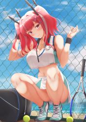 Rule 34 | 1girl, absurdres, ass, azur lane, bag, ball, bare legs, bare shoulders, beach, blue sky, blush, breasts, bremerton (azur lane), bremerton (scorching-hot training) (azur lane), chain-link fence, cleavage, cloud, collarbone, collared shirt, commentary request, crop top, crop top overhang, day, duffel bag, fence, full body, green footwear, green skirt, grey hair, hair intakes, hair ornament, hairclip, head tilt, heart, heart necklace, highres, jewelry, kcc (tanimahimeyuri), large breasts, long hair, looking at viewer, midriff, mole, mole under eye, multicolored hair, navel, necklace, ocean, outdoors, pink eyes, pink hair, racket, sand, shirt, shoes, sidelocks, skirt, sky, sleeveless, sleeveless shirt, smile, sneakers, solo, sportswear, squatting, streaked hair, sweat, tennis ball, tennis racket, tennis uniform, twintails, two-tone hair, two-tone shirt, two-tone skirt, w arms, white shirt, white skirt, wristband, x hair ornament