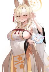 Rule 34 | 1girl, absurdres, animal ears, blonde hair, blue archive, breasts, chise (blue archive), detached sleeves, extra ears, fox ears, fox girl, hair over one eye, hairband, halo, hand fan, highres, holding, holding fan, japanese clothes, kaho (blue archive), kimono, large breasts, long hair, looking at viewer, mole, mole under mouth, naseul 777, orange hairband, orange halo, short eyebrows, sideboob, simple background, sleeveless, sleeveless kimono, solo, thick eyebrows, white background, yellow eyes