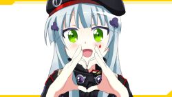 Rule 34 | 1girl, animated, animated gif, beret, black hat, double m/, facial mark, girls&#039; frontline, goggles, goggles around neck, green eyes, hat, heart, heart hands, hk416 (girls&#039; frontline), long hair, looking at viewer, m/, open mouth, silver hair, solo, teeth, upper body, white background