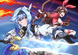 Rule 34 | 2girls, :d, absurdres, amber (genshin impact), atawatsho, blue hair, blush, bow (weapon), brown hair, cape, claymore (sword), cold, commentary, english commentary, eula (genshin impact), fire, genshin impact, greatsword, grey eyes, hair between eyes, hairband, highres, holding, holding bow (weapon), holding sword, holding weapon, ice, long hair, long sleeves, looking at another, looking at viewer, m/, multiple girls, necktie, open mouth, parted lips, red eyes, short hair, short hair with long locks, sidelocks, smile, snowflakes, sword, two-tone gloves, v-shaped eyebrows, vision (genshin impact), weapon