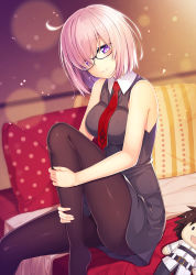 Rule 34 | 1girl, ahoge, bare arms, bare shoulders, bed, bed sheet, black-framed eyewear, black dress, black pantyhose, blush, breasts, character doll, closed mouth, collared dress, day, dress, fate/grand order, fate (series), fujimaru ritsuka (male), glasses, highres, indoors, knee up, kouzuki tsubasa (musou kaidou), lens flare, light particles, mash kyrielight, medium breasts, necktie, no shoes, on bed, pantyhose, pillow, pink hair, polka dot, polka dot pillow, purple eyes, red necktie, sitting, sleeveless, sleeveless dress, smile, solo, wing collar