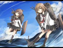 Rule 34 | 10s, 2girls, ahoge, anchor, anchor symbol, bad id, bad pixiv id, black legwear, blue sky, brown eyes, brown hair, cannon, cloud, commentary request, day, fang, folded ponytail, hair between eyes, highres, holding, ikazuchi (kancolle), inazuma (kancolle), kantai collection, leg up, letterboxed, loafers, long hair, long sleeves, machinery, miyabino (miyabi1616), multiple girls, neckerchief, ocean, open mouth, outdoors, pleated skirt, school uniform, serafuku, shoes, short hair, skirt, sky, smokestack, socks, standing, standing on one leg, torpedo, turret, uniform, water