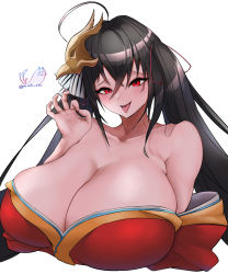 Rule 34 | 1girl, absurdres, ahoge, artist name, azur lane, bare shoulders, bird mask, black hair, bow, breasts, cleavage, collarbone, crossed bangs, hair ribbon, highres, huge breasts, japanese clothes, kimono, long hair, looking at viewer, mask, mask on head, naughty face, off shoulder, pon niki ode, red eyes, red kimono, ribbon, signature, smile, solo, striped, striped bow, taihou (azur lane), tongue, tongue out, twintails, very long hair