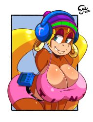 Rule 34 | 1girl, ape, artist name, ass, beanie, blonde hair, blue eyes, body blush, breasts, candy kong, cleavage, colored skin, cosplay, curvy, donkey kong (series), earrings, fyxe, hat, headphones, hoop earrings, huge breasts, jewelry, leaning forward, long hair, midriff, monkey girl, mp3 player, nintendo, shiny skin, shorts, smile, spaghetti strap, tank top, tiny kong, twintails, very long hair