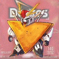 Rule 34 | artist name, chibi, clenched hands, commentary, doritos, english commentary, green eyes, gundam, gundam hathaway&#039;s flash, highres, looking ahead, mecha, mobile suit, no humans, parody, robot, science fiction, solo, v-fin, xi gundam, xzeit