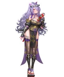 Rule 34 | 1girl, arm guards, bare shoulders, breasts, camilla (fire emblem), camilla (ninja) (fire emblem), choker, cleavage, elbow gloves, fake horns, feet, female focus, fingerless gloves, fire emblem, fire emblem fates, fire emblem heroes, fishnet thighhighs, fishnets, full body, geta, gloves, gold trim, hair ornament, hair over one eye, headband, highres, holding, holding scroll, horns, japanese clothes, kunai, large breasts, long hair, looking at viewer, nail polish, ninja, nintendo, non-web source, official art, pelvic curtain, purple eyes, purple hair, purple nails, scroll, sencha (senchat), smile, solo, standing, thighhighs, toeless footwear, toenail polish, toenails, toes, transparent background, weapon