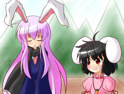 Rule 34 | 2girls, animal ears, blush, rabbit ears, carrot, carrot necklace, female focus, inaba tewi, jewelry, long hair, multiple girls, necklace, open mouth, pendant, purple hair, red eyes, reisen udongein inaba, scarf, touhou, yurume atsushi