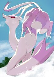 Rule 34 | blue sky, creatures (company), day, game freak, gen 5 pokemon, highres, looking at viewer, mamire (ekcdayo), mienshao, nintendo, no humans, open mouth, outdoors, pink fur, pokemon, pokemon (creature), red eyes, sky, snow, two-tone fur, white fur