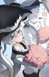 Rule 34 | 1boy, 1girl, absurdres, abyssal ship, admiral (kancolle), alexzhang, blue eyes, blush, bodysuit, breasts, cape, flower, gloves, grey hair, headgear, highres, kantai collection, military, military uniform, naval uniform, pale skin, petals, short hair, small breasts, uniform, white bodysuit, wo-class aircraft carrier