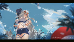 Rule 34 | 1girl, absurdres, arknights, bag, belt, bird, blue shorts, blue sky, blurry, blurry foreground, blush, breasts, character name, chinese commentary, cloud, cloudy sky, cowboy shot, day, eyewear on head, flock, hair between eyes, hat, unworn hat, unworn headwear, highres, large breasts, letterboxed, long hair, looking at viewer, low-tied long hair, midriff, navel, official alternate costume, orange-tinted eyewear, outdoors, parted lips, red eyes, shirt, short shorts, shorts, shoulder bag, silver hair, skadi (arknights), skadi (waverider) (arknights), skindentation, sky, solo, standing, stuffed orca, sunglasses, thigh strap, tinted eyewear, very long hair, weapon bag, white belt, white shirt, wind, wind lift, zhudouzi